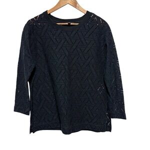 Banana Republic Sweater Womens M Black Open Knit Geo Lace 3/4 Sleeve Lightweight